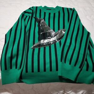 Queen Of Sparkles Wickrd Green and Black Striped Sweater with Sequin Hat Design